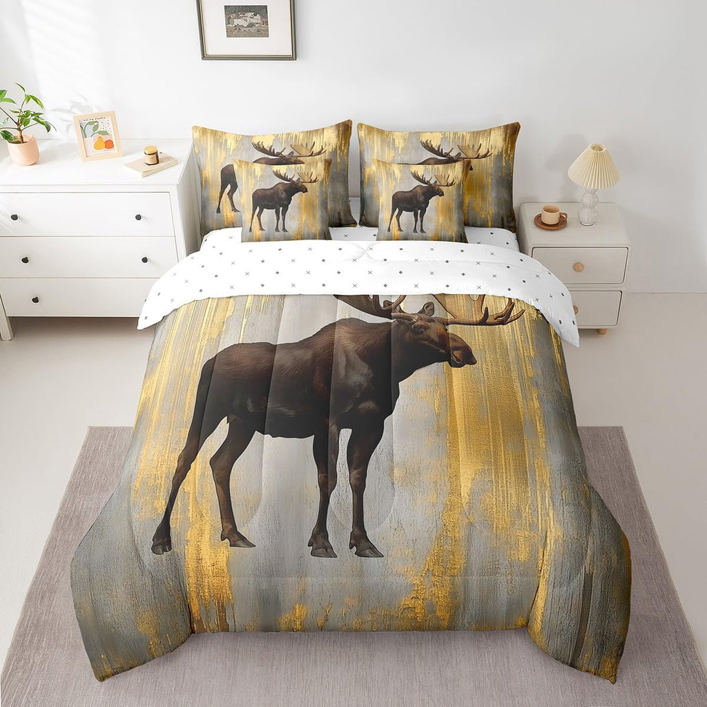 7 Piece Moose Comforter Set Rustic Woodland Wildlife Bedding Set Country Farmhouse Deer Bed in a Bag Old Golden
