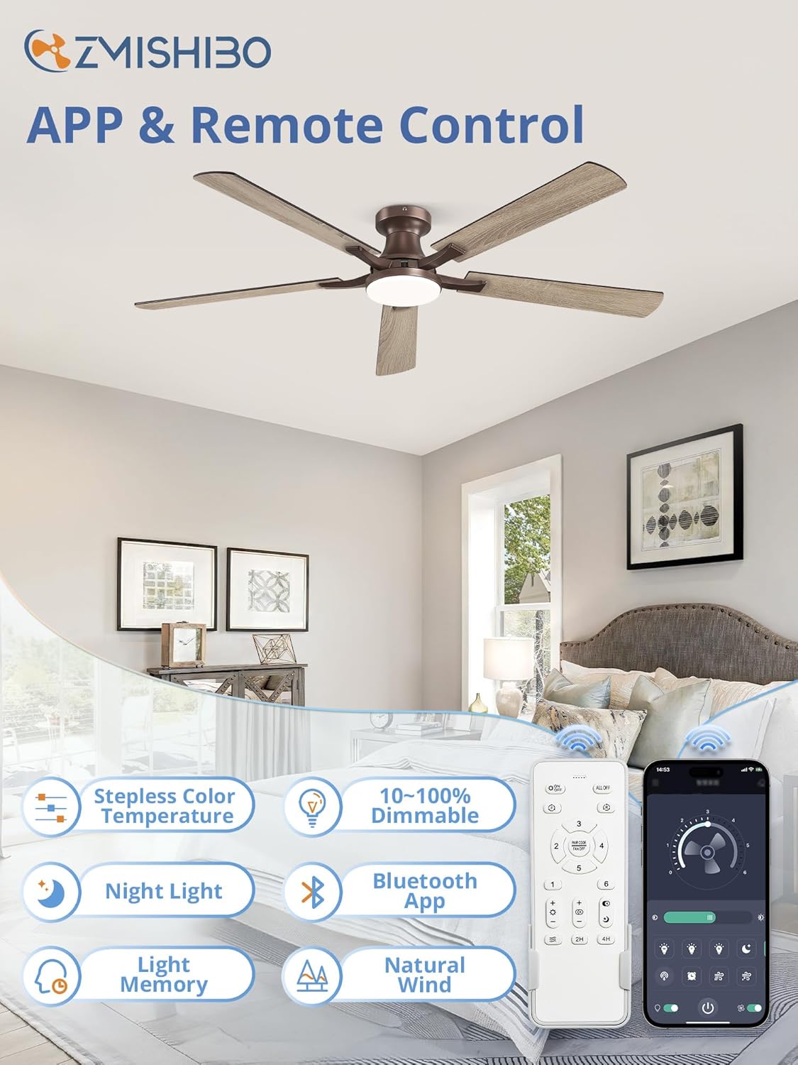 60" Brown Flush Mount Ceiling Fan with Light & Remote