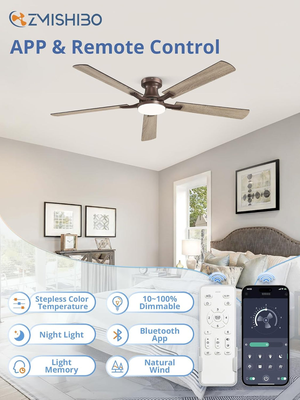 60" Brown Flush Mount Ceiling Fan with Light & Remote