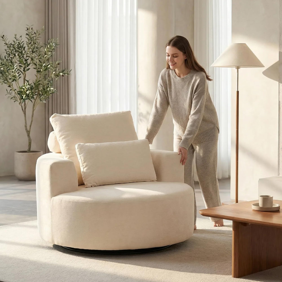 Oversized Swivel Accent Chair, Round Barrel Chair for Lounging, Extra-Wide Low-Profile Seat for Sink-in Comfort