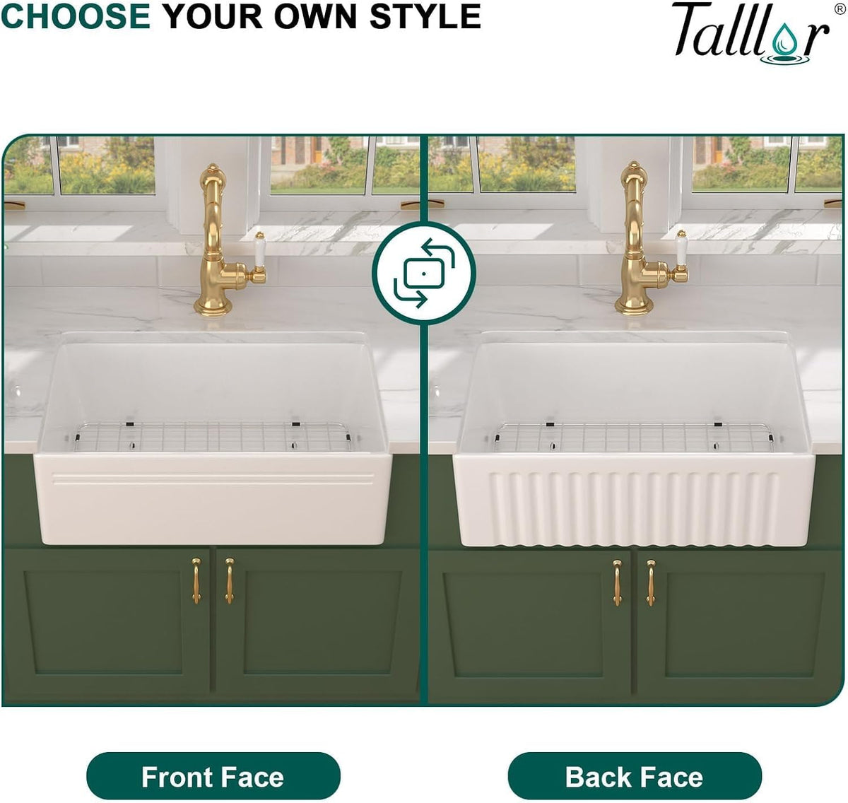 30 Inch Reversible White Farmhouse Sink - Country Style Fireclay Apron Front Farmhouse Kitchen Sink 30x18x10 Ceramic