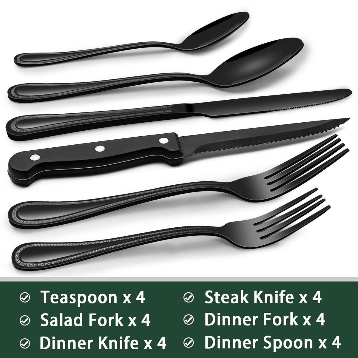 24-Piece Black Silverware Set with Steak Knives, Black Flatware Set for 4, Food-Grade Stainless Steel Tableware