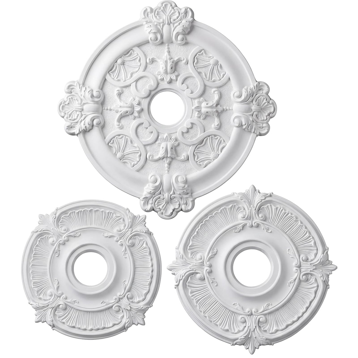 3 Pack Ceiling Medallions for Light Fixtures, Decorative Ceiling Rosettes in 3 Sizes, 13", 16.5" & 18" Od, Durable