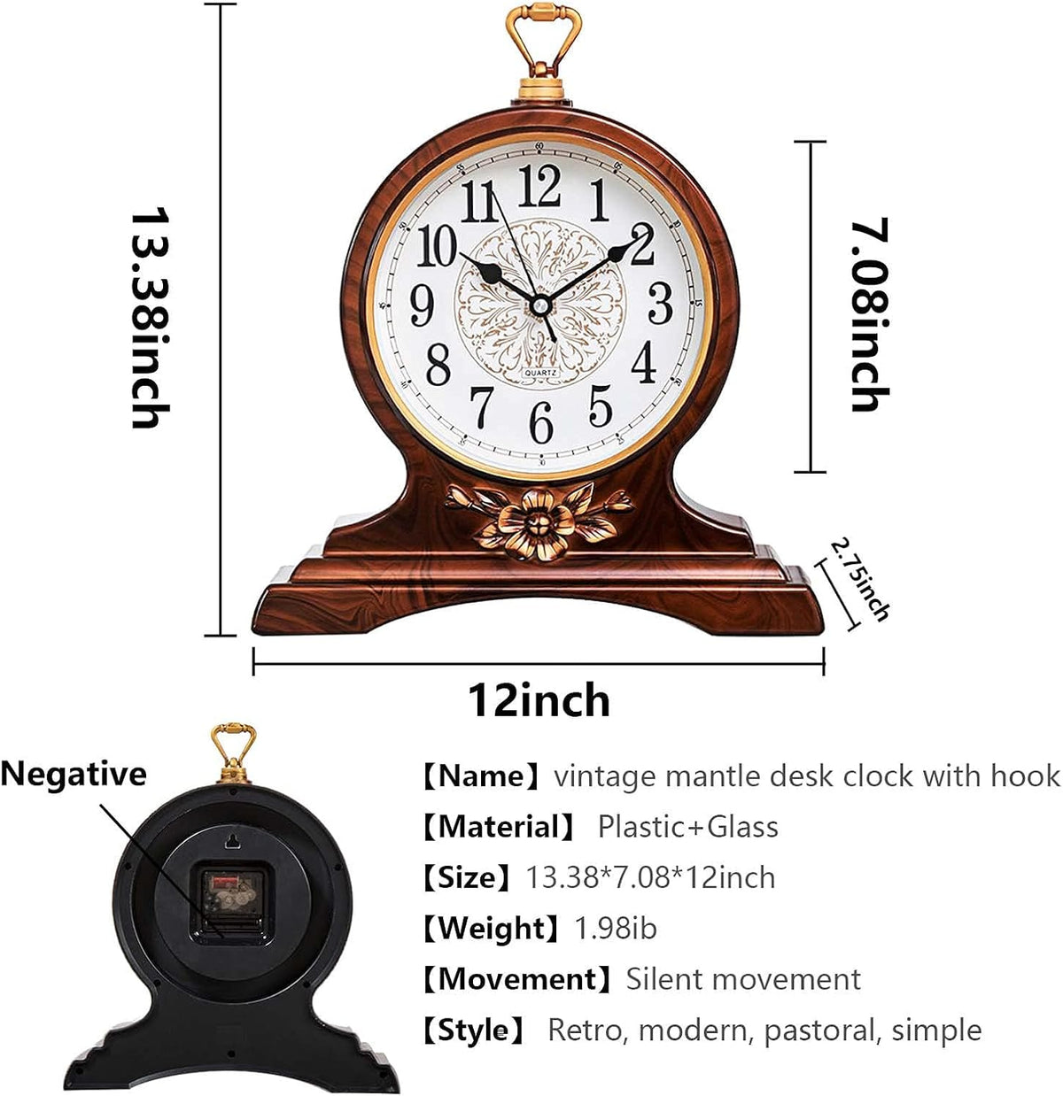 Desk Clock for Table Decor, Retro Mantel Clock Battery Operated for Fireplace Mantel, Living Room, Bedroom