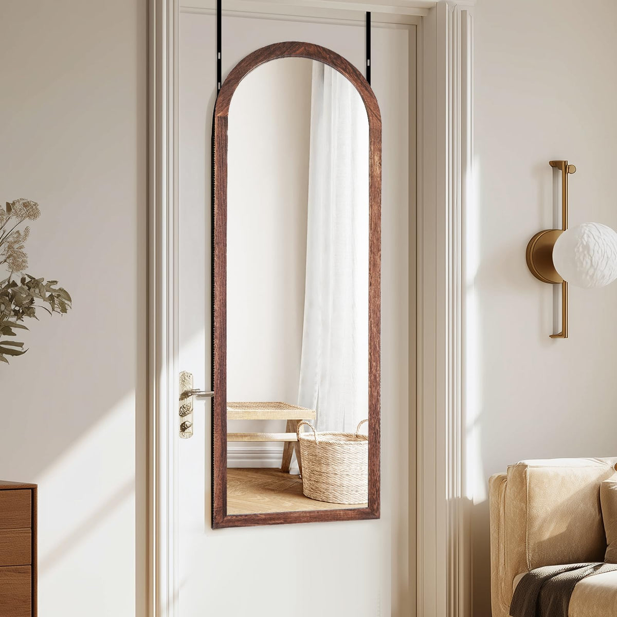 48x16in Arched Full Length Mirror Solid Wood Frame, Brown
