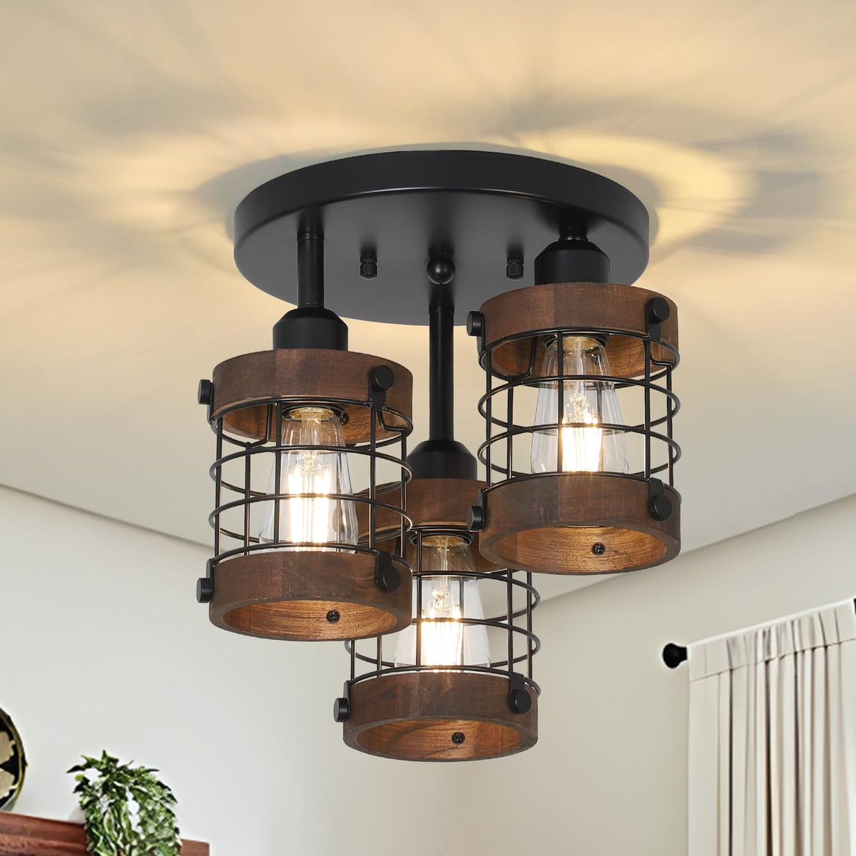 Semi Flush Mount Ceiling Light, 3-Light Farmhouse Chandelier Light Fixtures Ceiling Mount, Black Hallway Light