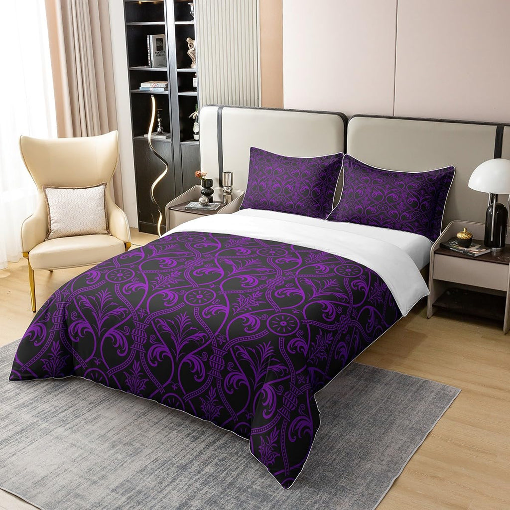 100 Percent Cotton Purple Black Ombre Floral Bedding Set for Girls Women Queen, Gothic Baroque Damask Comforter Cover