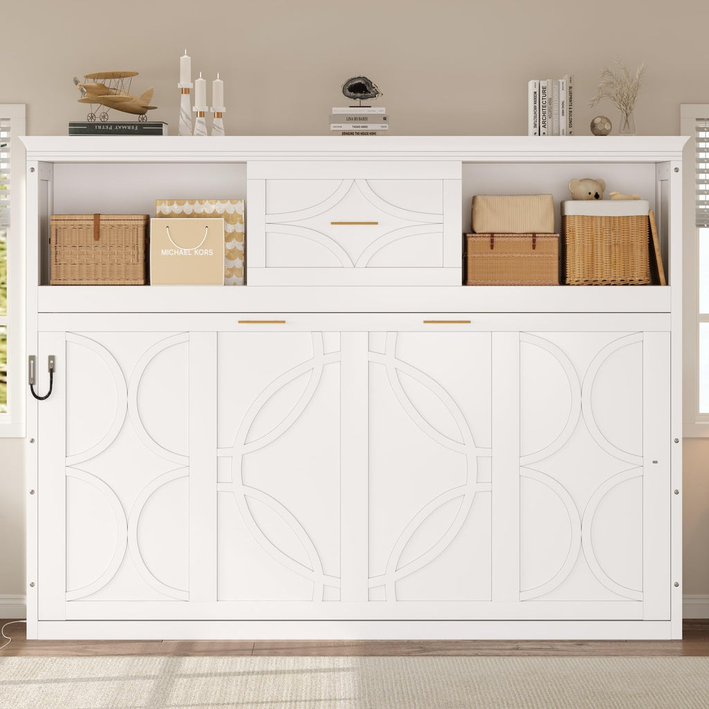 Twin Size Murphy Bed, Wood Murphy Bed Wall Bed with Charging Station, Shelves and a Drawer, White