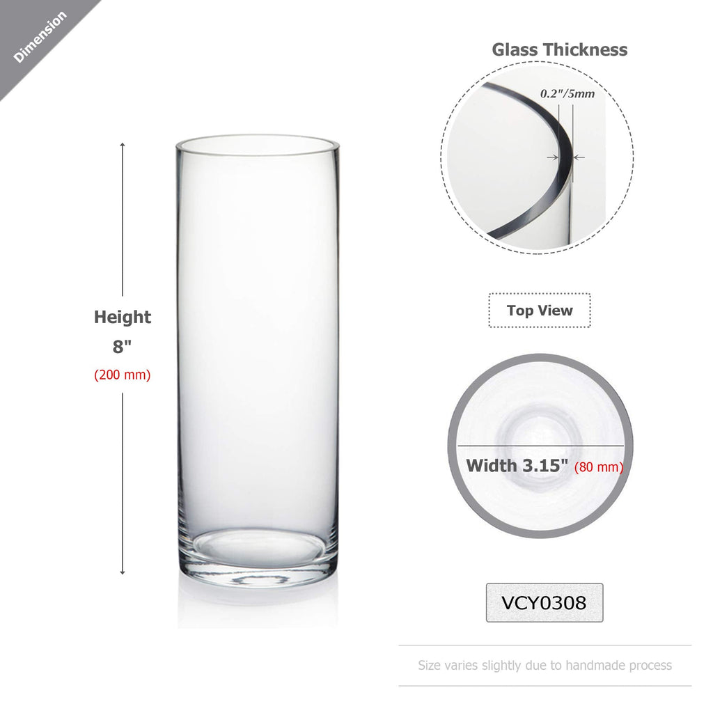 Quality Thick Clear Cylinder Glass Vases, 3" W x 8" H, Bud Vase Skinny Narrow Floral Bouquet Flower Container for