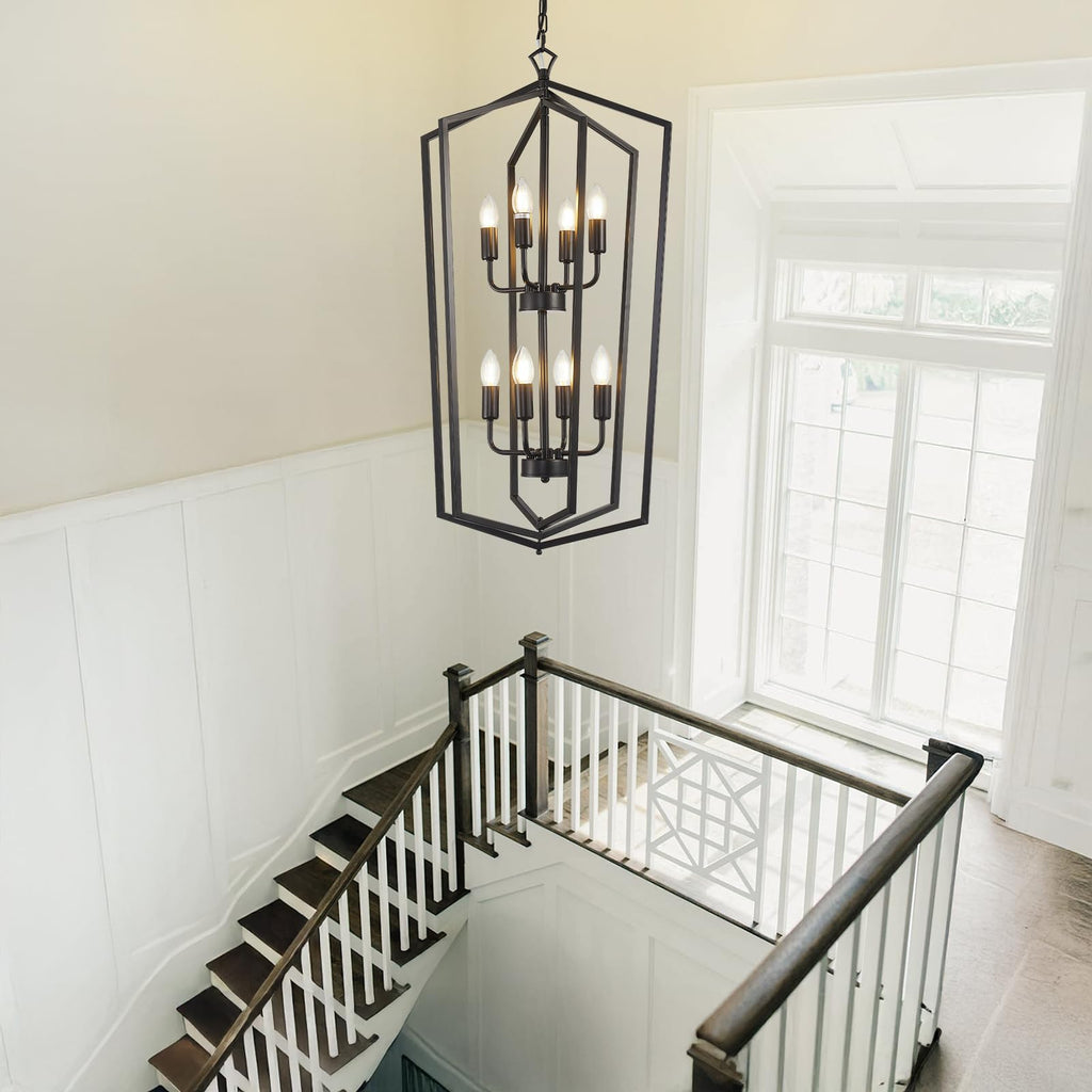 Black Chandelier, 8-Light Tiered Lantern Pendant Light, Modern Farmhouse Foyer Lighting Fixtures, Large Chandeliers