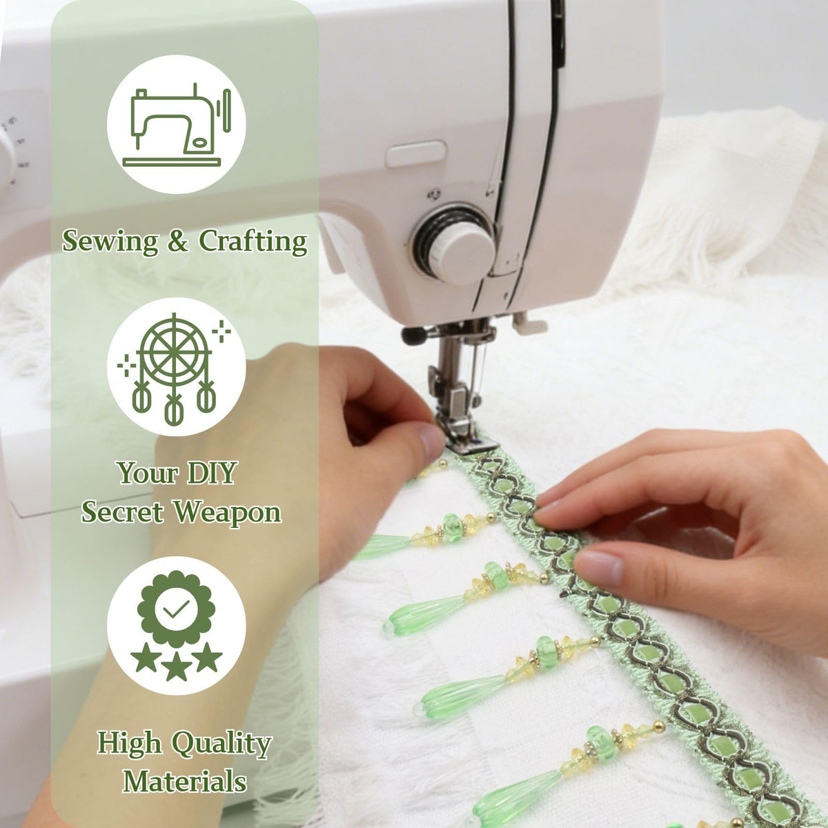 Green Beaded Fringe Trim Crystal Beaded Tassel - 12 Yards