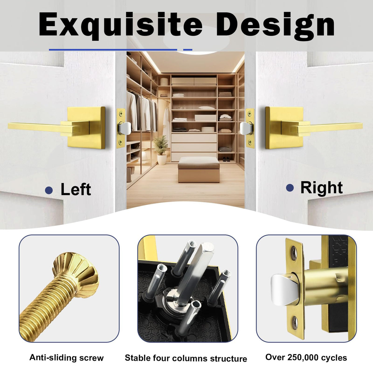 1 Pack Gold Square Passage Door Handle, Non-Locking Door Lock, Door Lever for Closet and Hallway