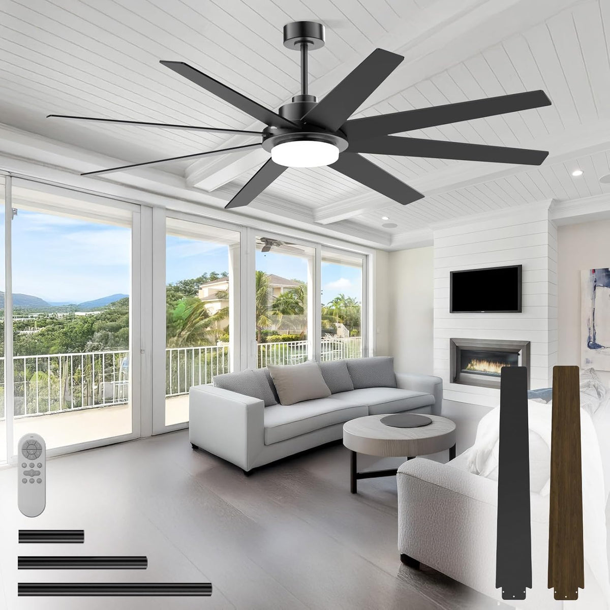 72" Black Indoor/Outdoor Ceiling Fan with Light & Remote