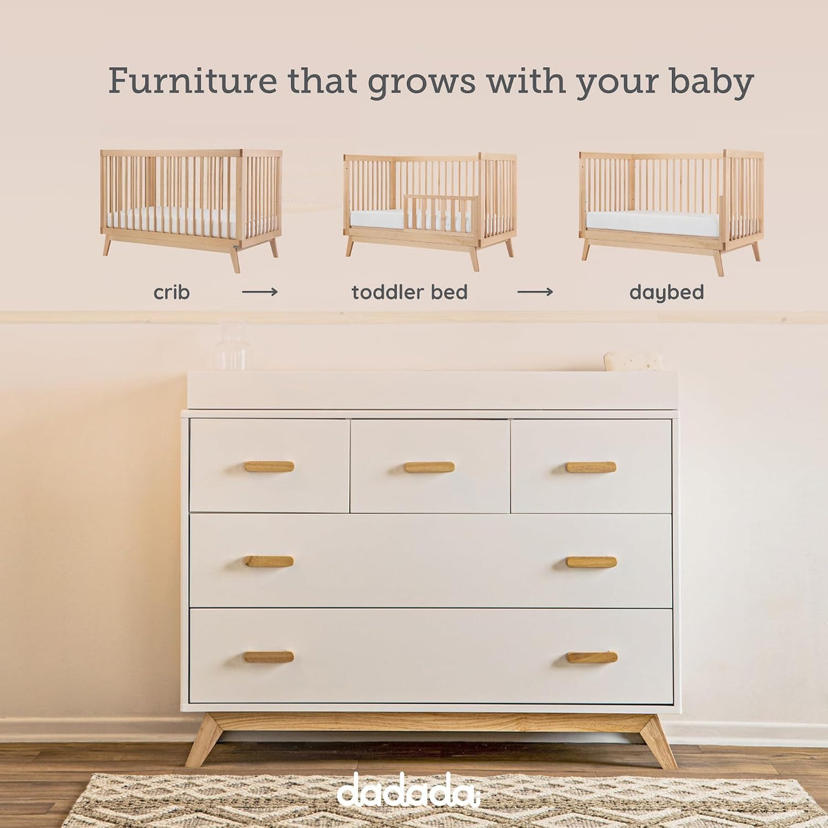 Soho Nursery Furniture Set, Baby Crib & Dresser Combo, White/Natural | Soho 3-in-1 Convertible Beechwood Baby Crib
