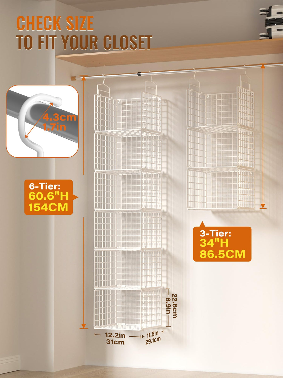 6 Tier Closet Hanging Organizer, Metal Closet Organizers and Storage with 4 Hanging Hooks 4 S-Hooks for Wardrobe