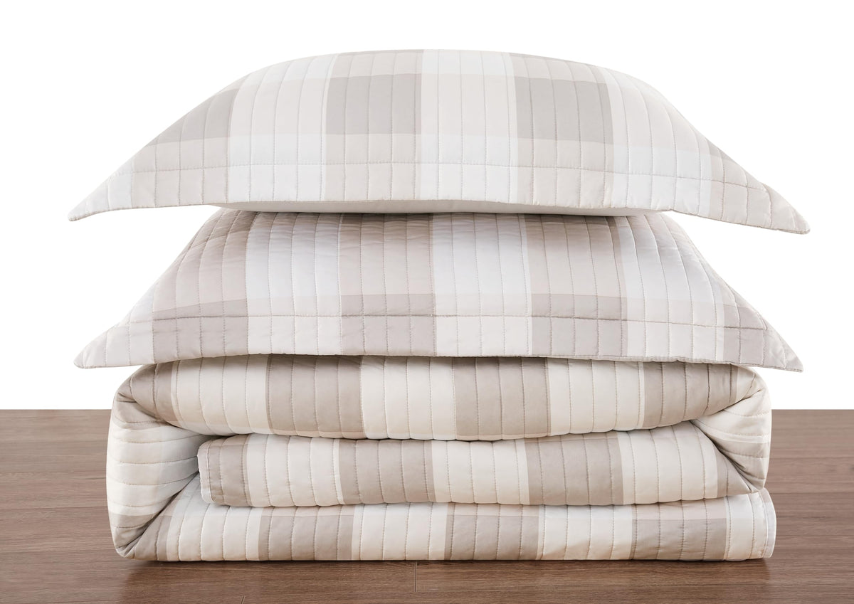 Everyday Buffalo Plaid Khaki Polyester 3-Piece Quilt Set, Plaid Themed, for Men and Women, Oeko-TEX Certified