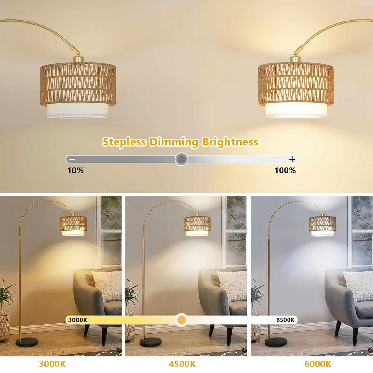 Arc Floor Lamp with Rattan & Linen Shades, Gold Floor Lamp with Remote & Dimming Bulb, Rustic Standing Lamp with 3