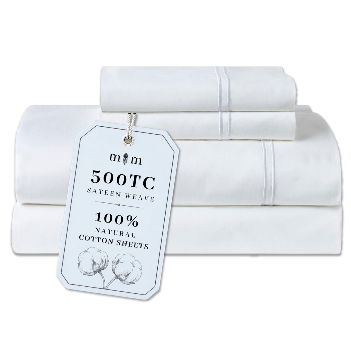 Sheet Set, 500 TC Single-Ply Cotton Sateen, 4-Piece, White