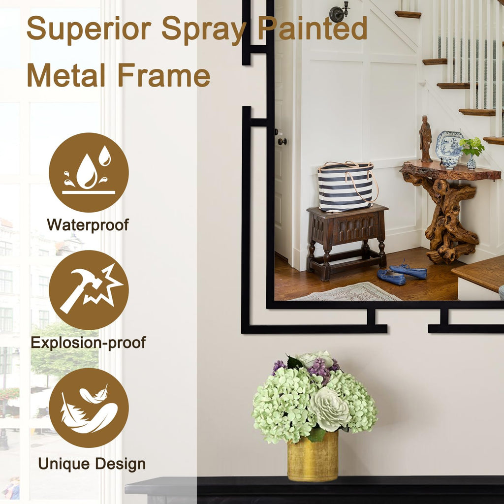 Large Decorative Wall Mirror, 24"x36" Black Mirror, Tempered Glass Wall Decor with Metal Frame, Modern Farmhouse