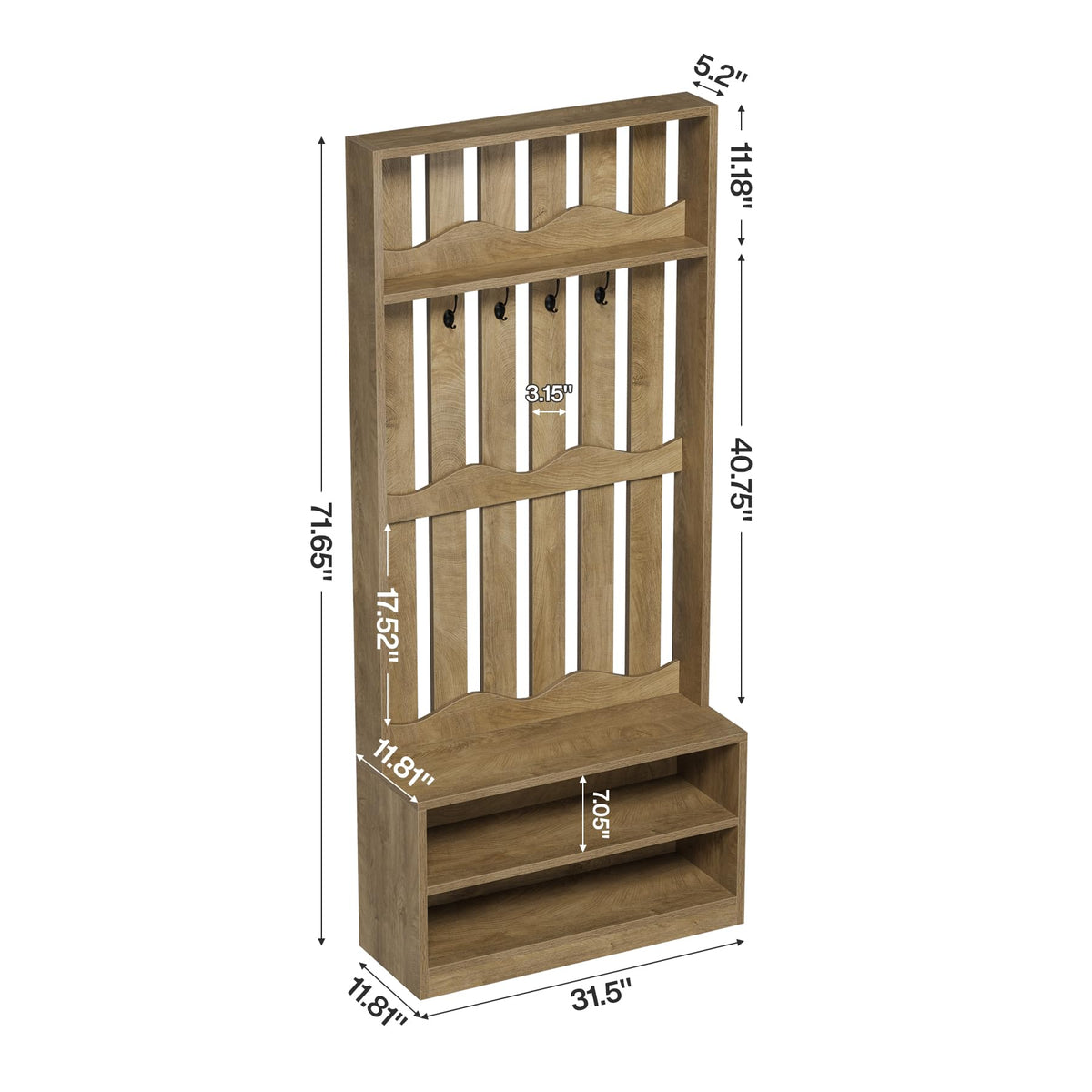 Farmhouse Hall Tree with Bench and Shoe Storage, Rustic Brown