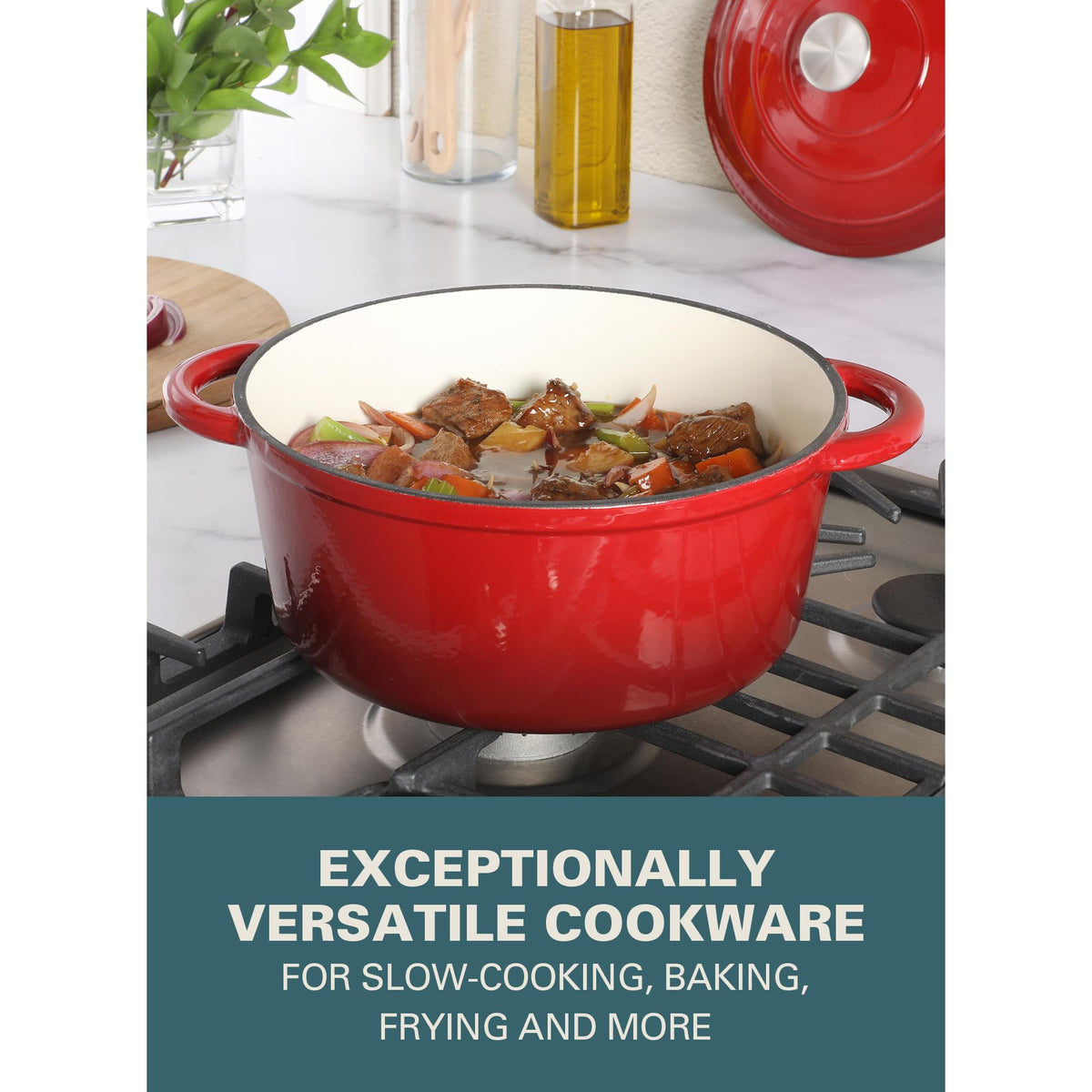 5-Quart Red Enamel Cast Iron Dutch Oven with Lid and Dual Handles - Durable Round Cooking Pot
