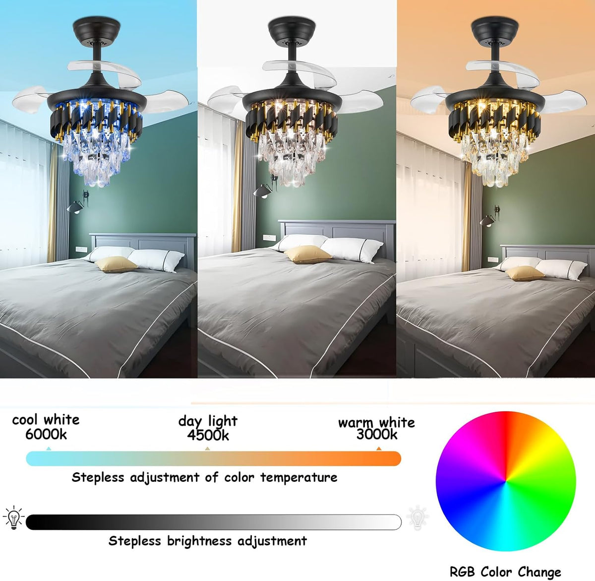 30" Crystal Retractable Ceiling Fan with Light & Remote