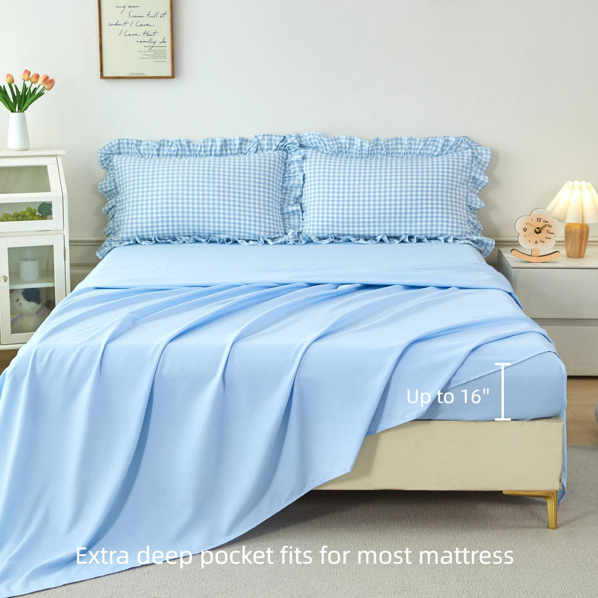 Gingham Ruffle Comforter Sets 5 Pieces Farmhouse Vintage Grid Comforter Bedding Soft Breathable Checkered
