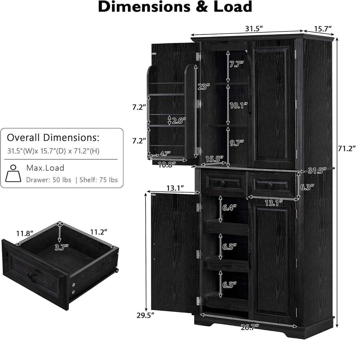 Farmhouse Pantry Cabinet with Drawers and Door Shelves, Black | Farmhouse Pantry Cabinet, Tall Storage Cabinet With