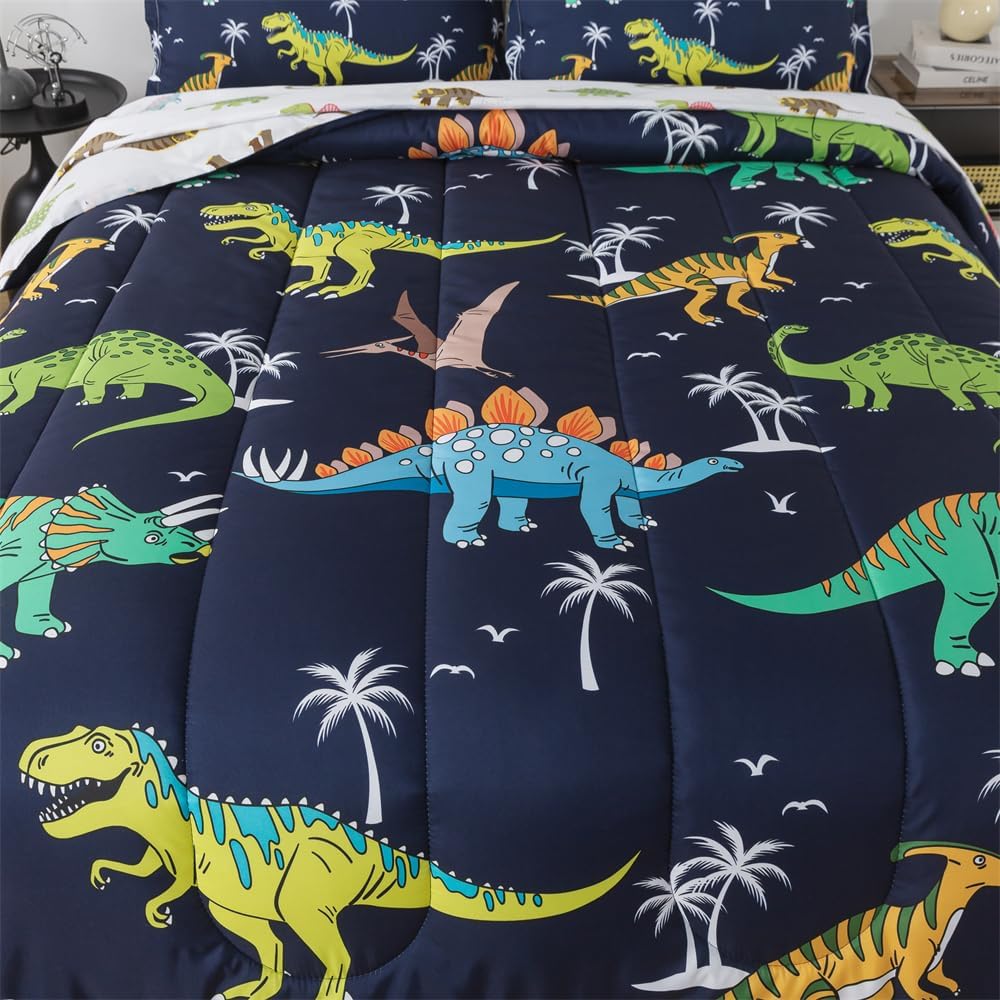 7 Pieces Dinosaur Comforter Kids Jungle Dinosaur Bedding Set Bed in A Bag for Boys T-Rex Dino Comforter and
