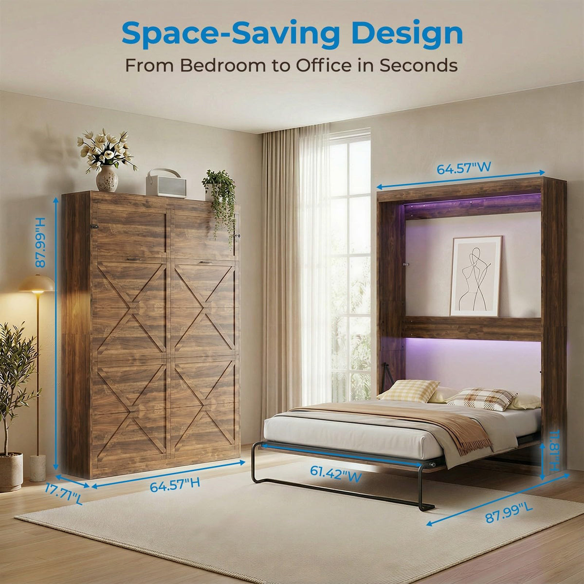 Queen Murphy Bed, Cabinet Wall Beds, Modern Vertical Murphy Chest Beds with Durable Gas-Lift, Space-Saving Hidden