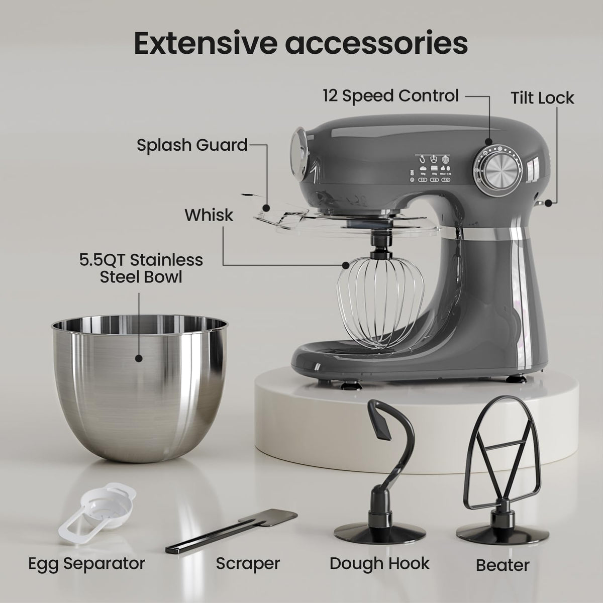 5.5QT 12-Speed Electric Stand Mixer, Tilt Head Kitchen Mixer, Grey