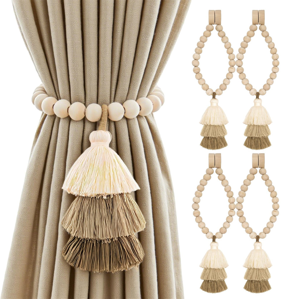 No Drill Curtain Tiebacks with Strong Magnetic Closure, Natural Wood Beads Boho Holdbacks with Triple Tassels