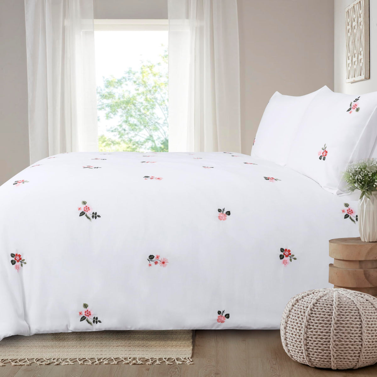 Pink Floral Duvet Cover Set Embroidered White Cotton Bedding Set