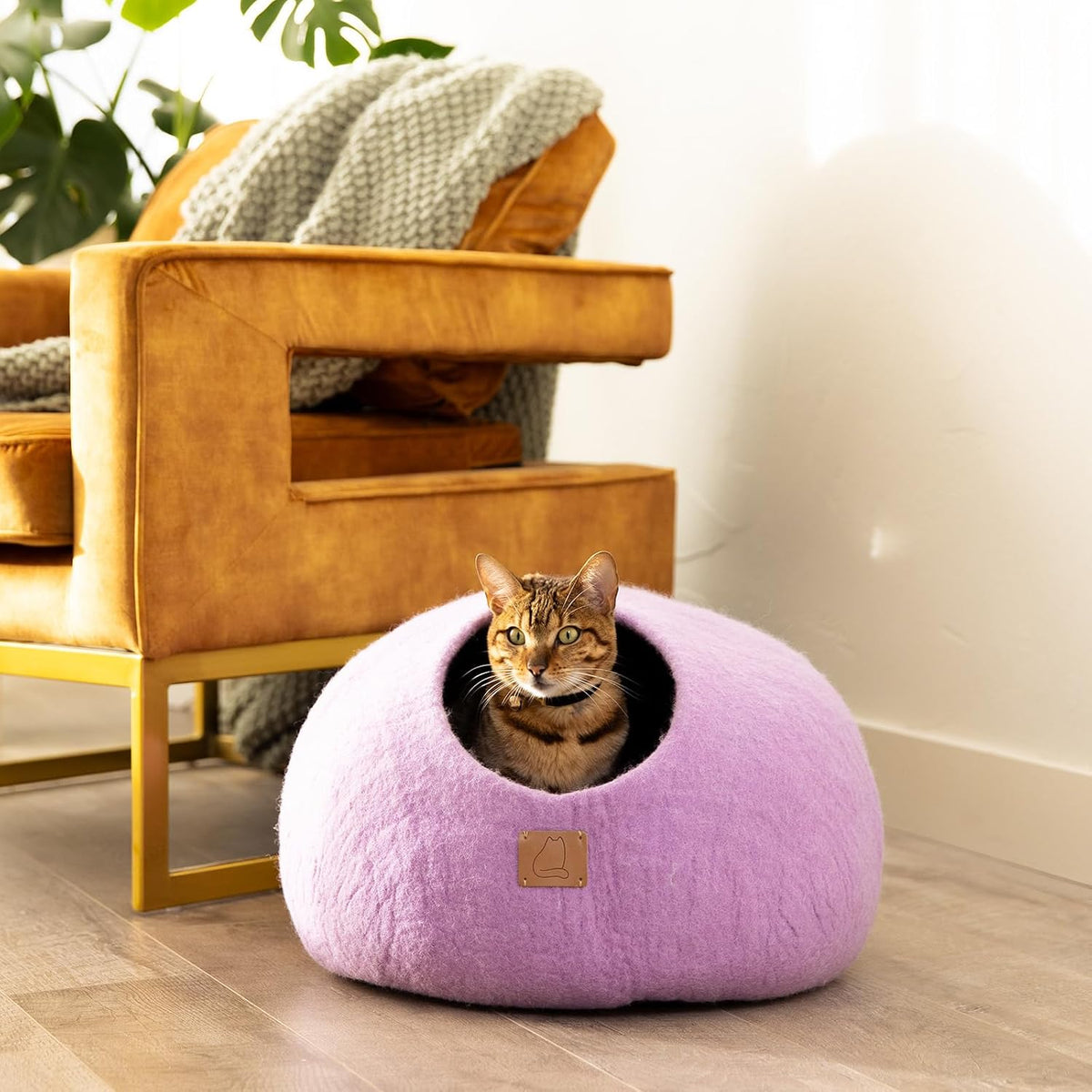Best Aesthetic Cat Bed - Premium Felted Wool Cat Cave Bed - Cozy Peekaboo Round Cave for Large or Small Cats (Large