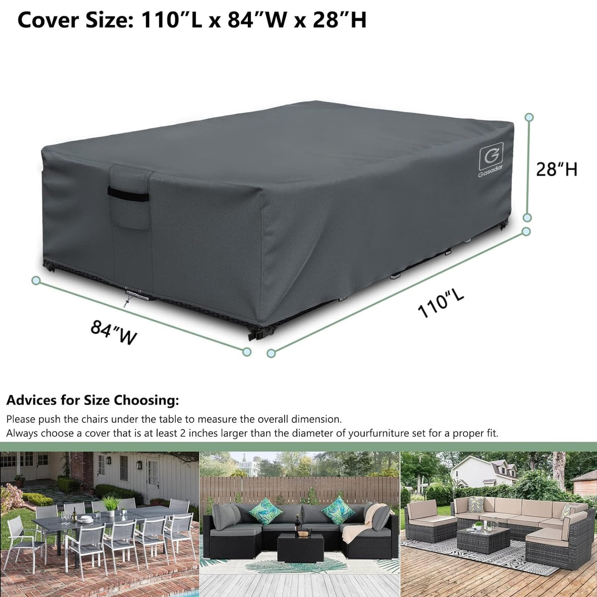 Outdoor Furniture Cover Waterproof, Patio Sectional Cover for Outdoor Furniture Set, 600D Heavy Duty, 110" L x 84" W