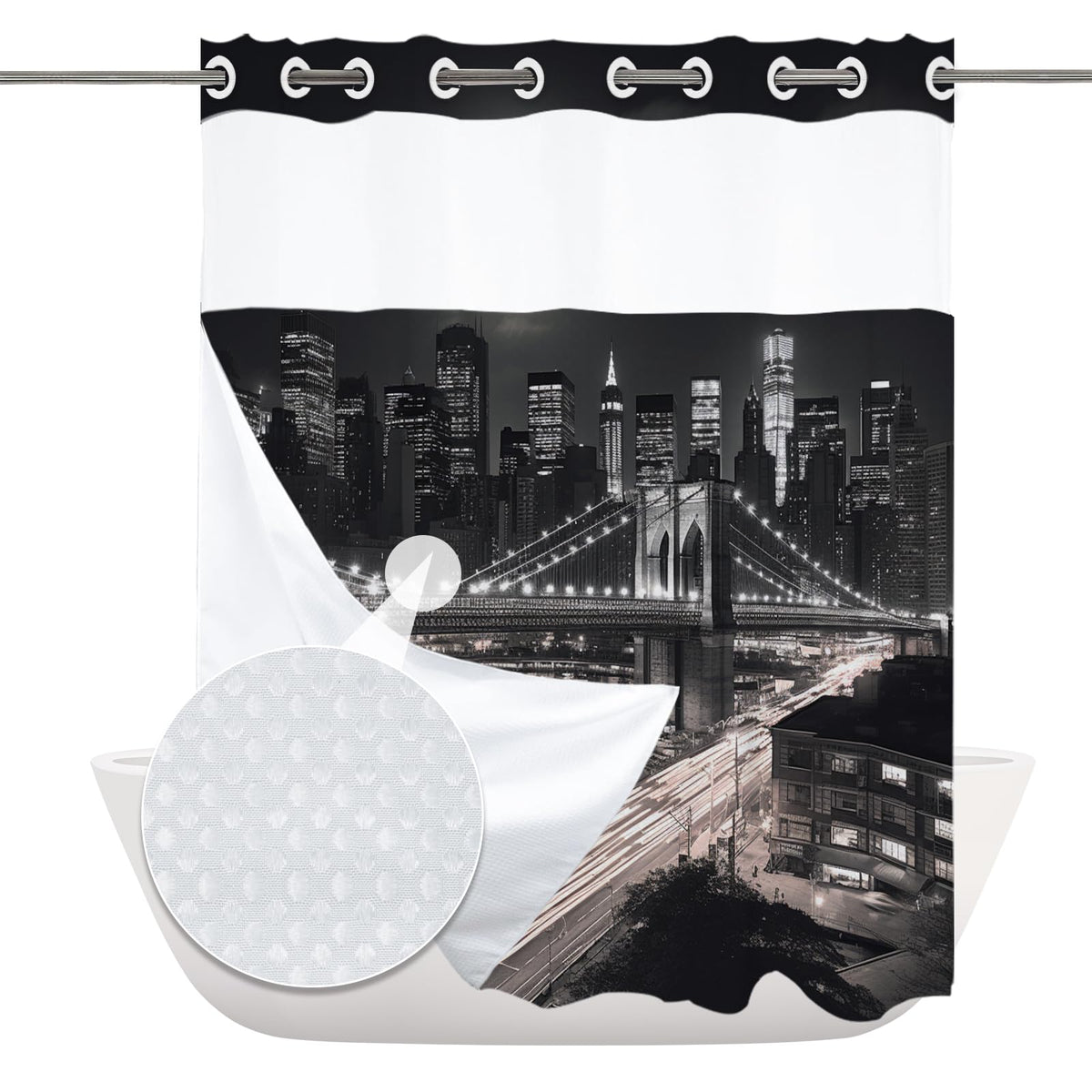 Farbic New York City Waffle Weave Shower Curtain Black Set No Hook Required Hotel Style with Snap in Liner Double