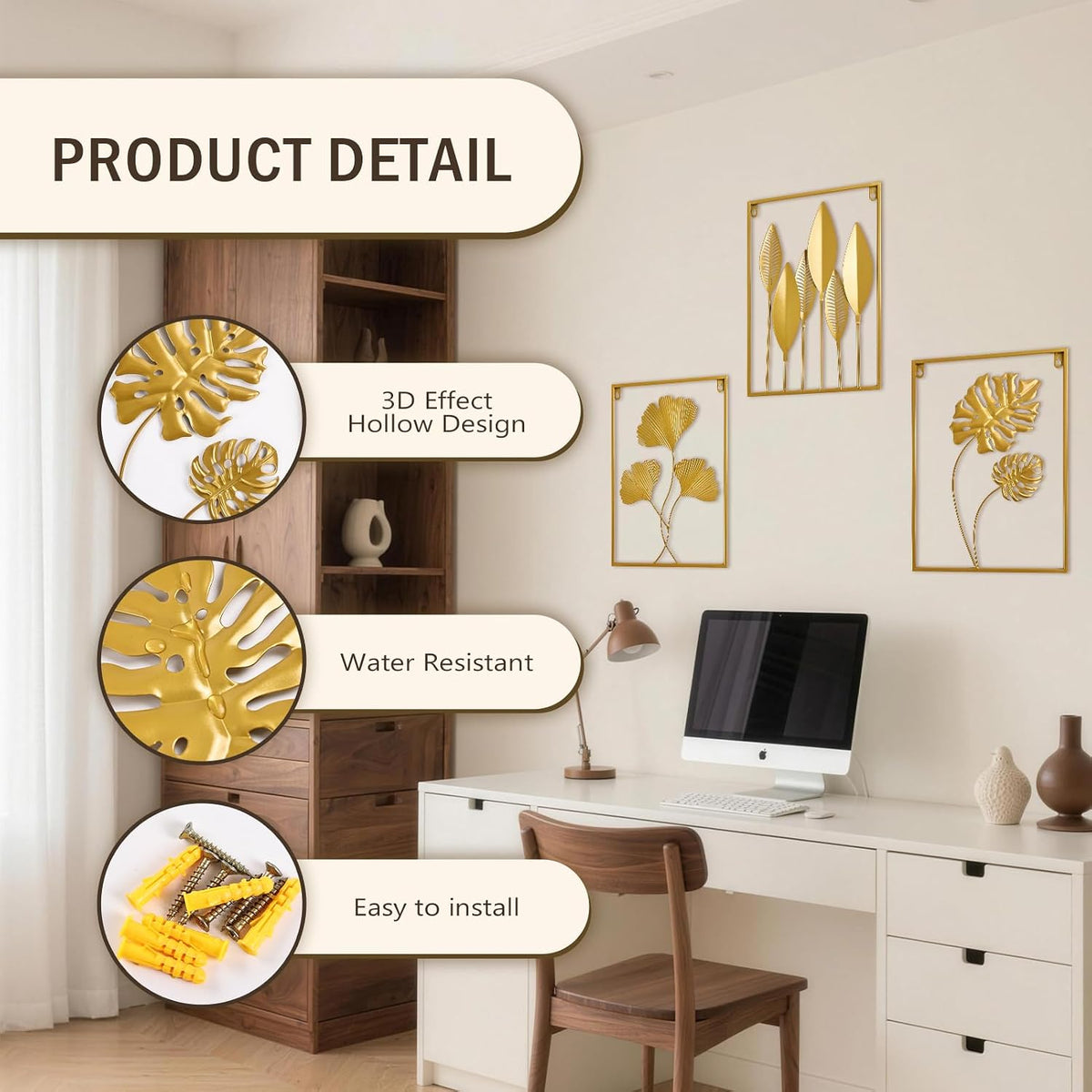 Metal Wall Art 3D Minimalist Tree Leaf Wall Sculpture Decor, Gold Framed Wall Art Bedroom Dining Room Office - Set of 3