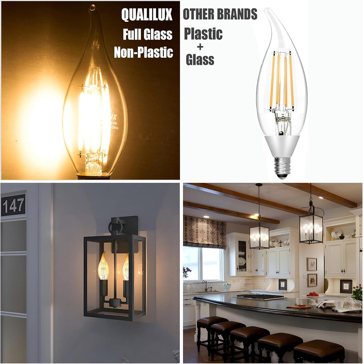 Dusk to Dawn Candelabra Bulbs Outdoor, CA11 Vintage, Candle Flame Tip Full Glass, Non-Plastic, Soft White 2700K