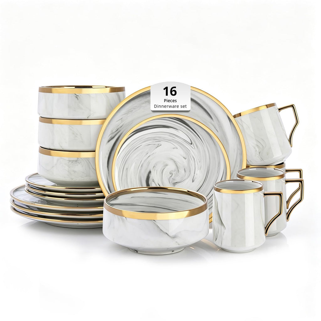 16 Piece Plates and Bowls Sets, Fine China Artisan Marbled Dinner Set for 4, Dishwahser Safe, Scratch Resistant, Grey