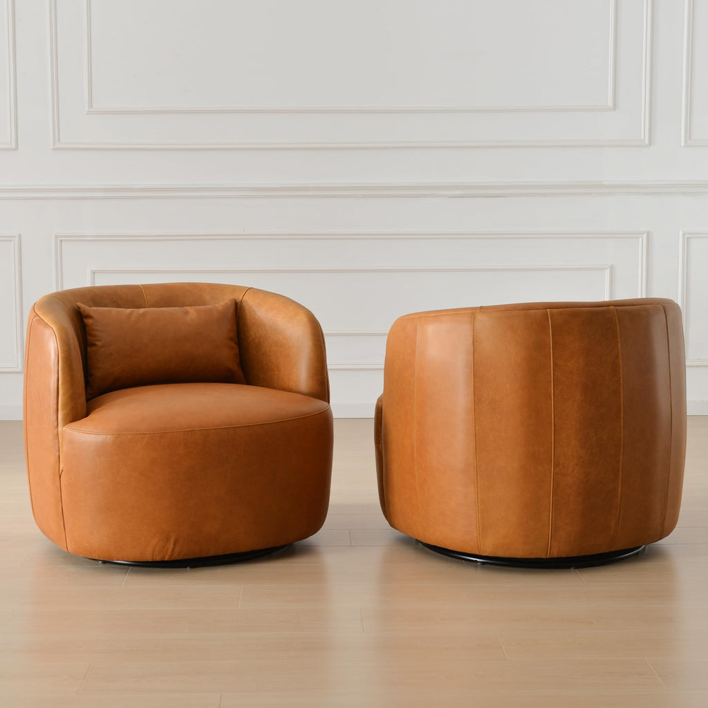 Set of 2 Top Grain Genuine Leather Upholstered Swivel Barrel Chair