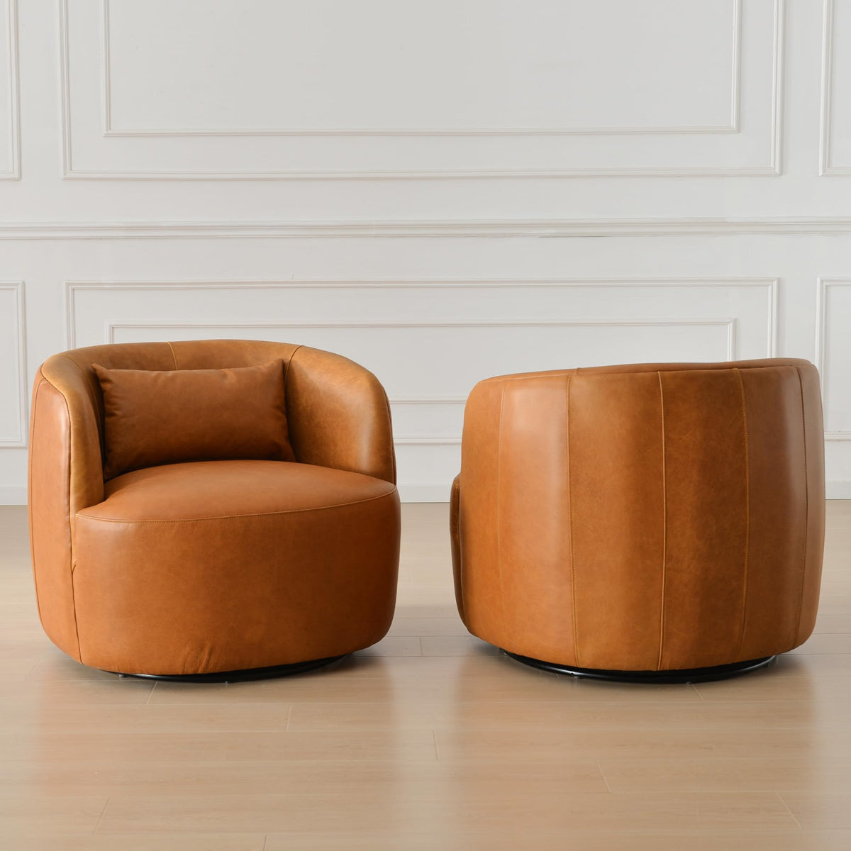 Set of 2 Top Grain Genuine Leather Upholstered Swivel Barrel Chair