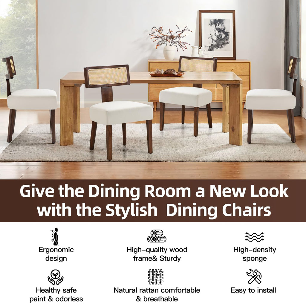 Upholstered Rattan Dining Chairs Set of 2, Mid-Century Modern Fabric Dining Room Chairs with Brown Hardwood Frame
