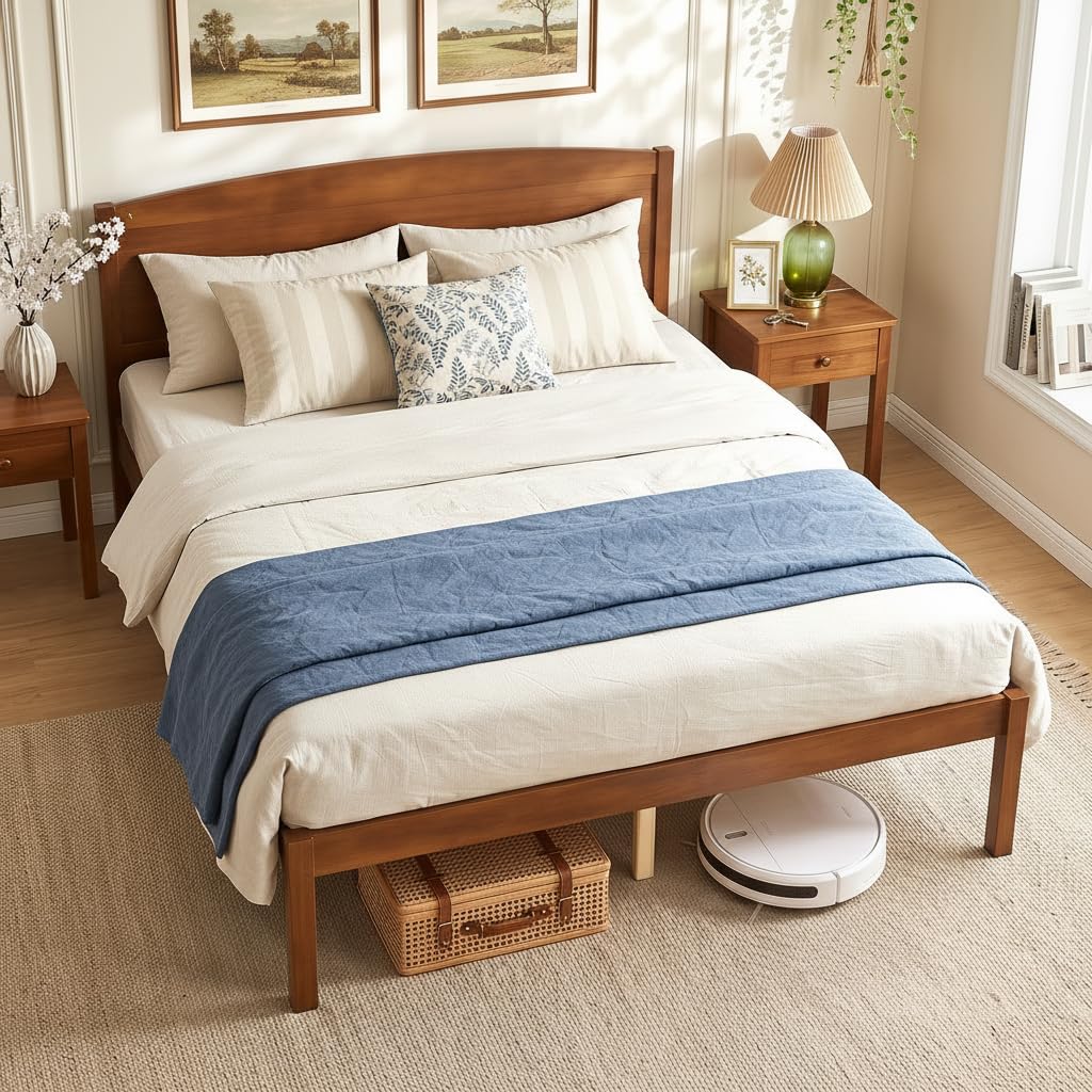 Full Size Bed Frame, Wooden Platform Bed with Curved Headboard