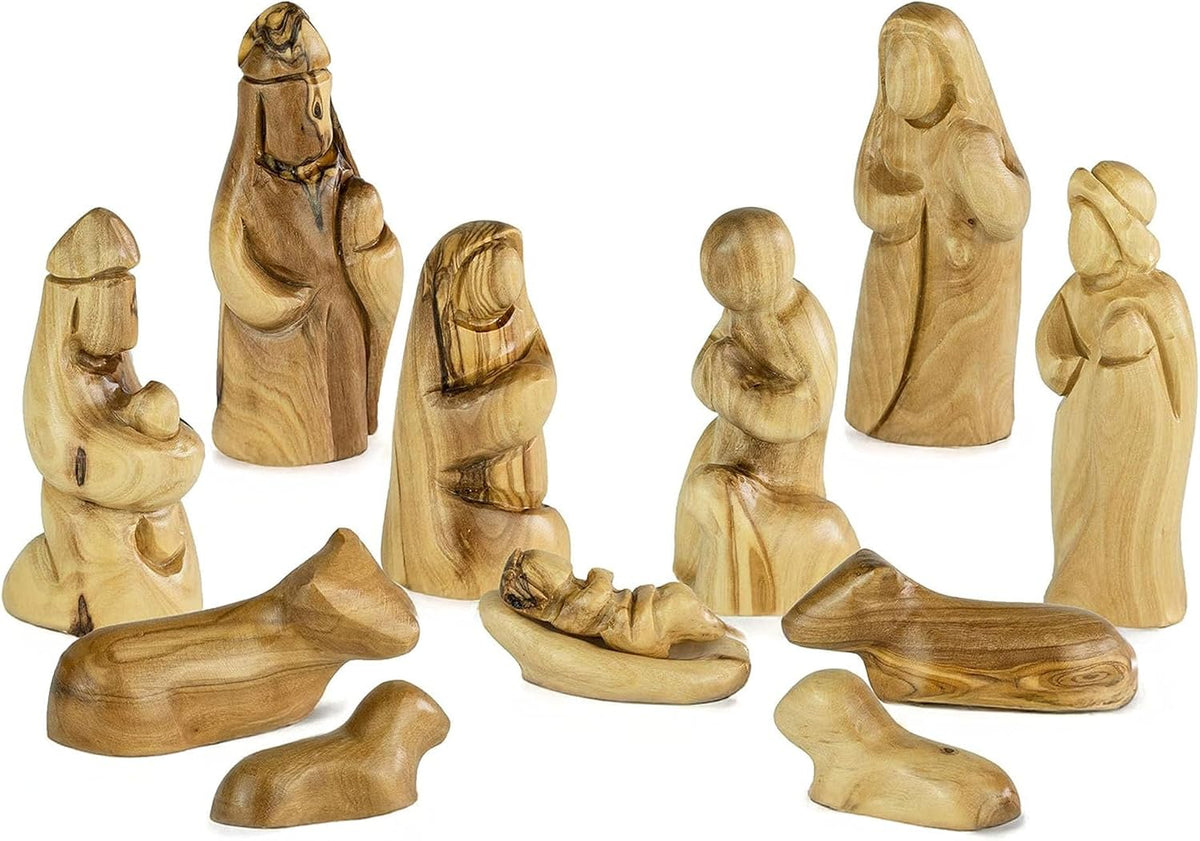 12 Pcs Holy Land Olive Wood Faceless Nativity Set, Small