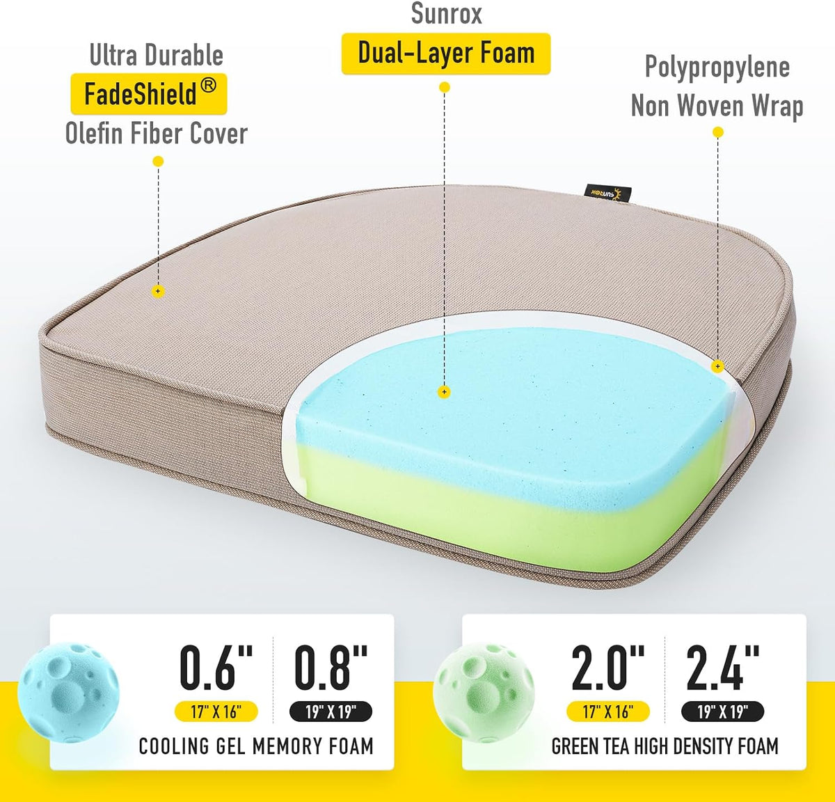 Gel Memory Foam Chair Cushions, FadeShield Water-, Stain-Resistant Durable Reversible Seat Cushion Pads with - Set of 4