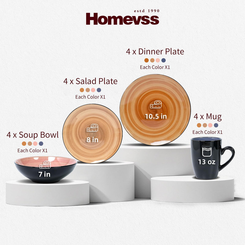 Sonoma 16pc Stoneware Dinnerware Set, Outside Black plus inside Hand Painting Combi Colors of Cobalt, Mocha, Rose and