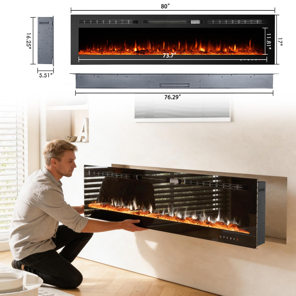 80 inch 750W/1500W Electric Fireplace Inserts with Remote Control in Wall Mounted, Energy Saving LED Insert Fireplace