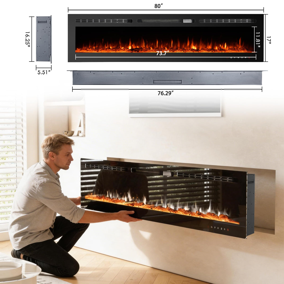 80 inch 750W/1500W Electric Fireplace Inserts with Remote Control in Wall Mounted, Energy Saving LED Insert Fireplace