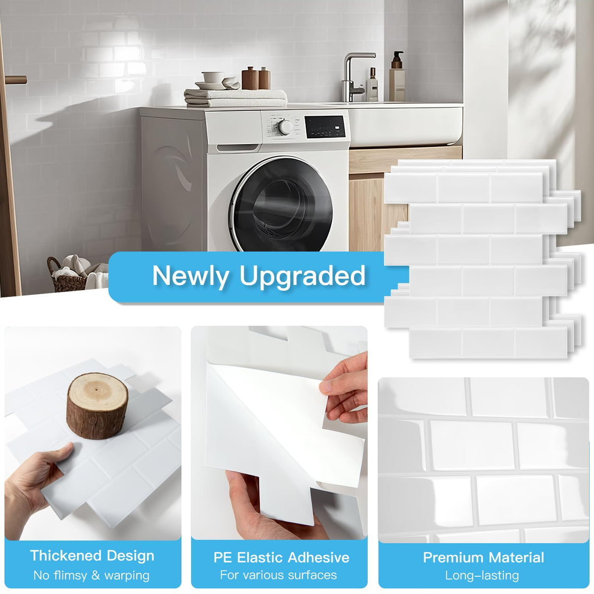 10-Pack Subway Peel and Stick Backsplash, White Washed, 12 x 12 Inch