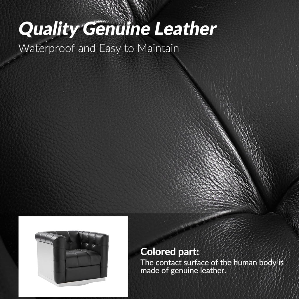Genuine Leather Swivel Accent Chair with Wooden Base, Mid Century Modern Square Accent Chair Bedroom Club, Black